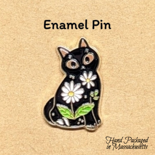 Black Cat with Daisy Enamel Pin #62